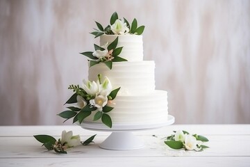 Beautiful white wedding cake decorated with bouquet of flowers white roses. 