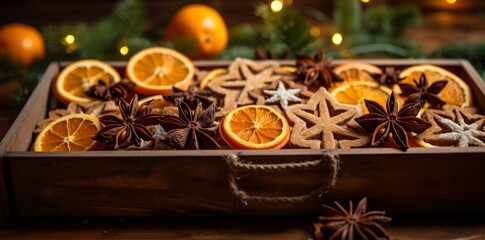 a tray with oranges, cinnamon and stars