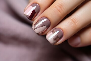 a womans backside hand with a dark pink and silver manicure