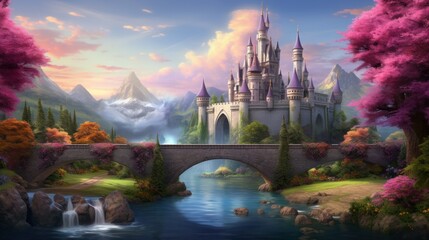 Fantasy castle landscape with cherry blossoms and mountains. Fairytale scenery.