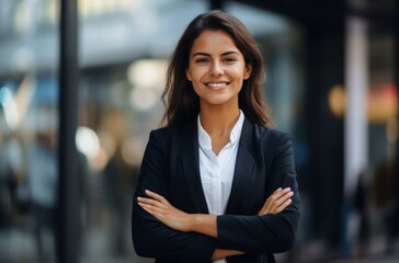 Fototapeta premium a young business woman smiles in front of an office building with her arms crossed