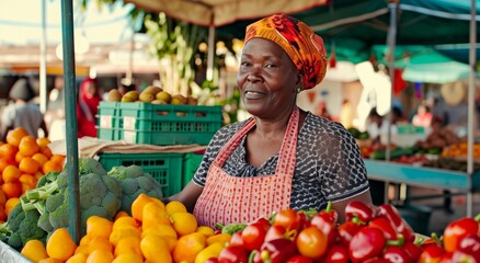 a woman selling fruits and vegetables at an outdoor market
