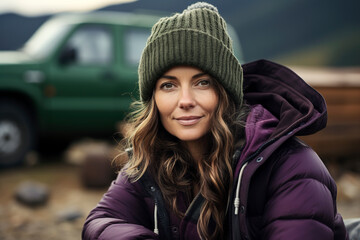 Portrait of a woman enjoying the scenery in the mountains behind her van.