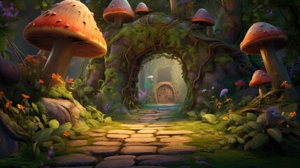 Enchanted forest entry with magical mushrooms and fairy tale doorway. Fantasy world.