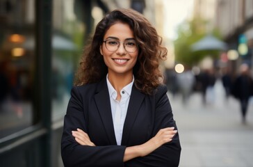 business woman in black attire smiles with her arms crossed