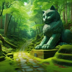 Obraz premium Whiskers in Stone: Ancient Cat Statue Amidst the Green Forest