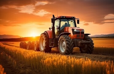 an orange tractor is driving through a field at sunset