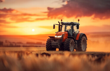Fototapeta premium an orange tractor is driving through a field at sunset