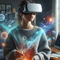 neon portrait of young female wearing VR glasses, VR headset virtual reality-Technological progress and the use of artificial intelligence of metaverse