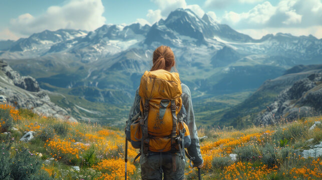  a person with a backpack walking through a field of wildflowers in front of a mountain range with snow - capped peaks in the distance, in the distance, the foreground, the foreground is a.