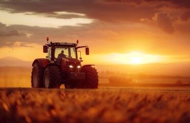 Obraz premium an tractor is driving in the field at sunset