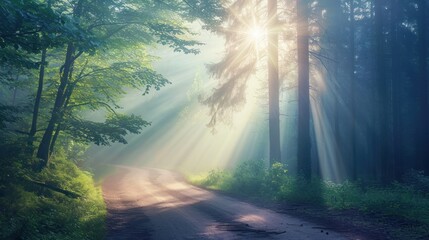  a dirt road in the middle of a forest with bright beams of light coming through the trees on either side of the road is a dirt road surrounded by grass and trees.