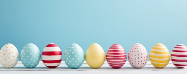 Fototapeta premium colorful easter eggs lined up on a wooden table