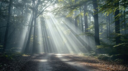 Obraz premium a dirt road in the middle of a forest with bright beams of light coming from the trees on either side of the road and on the other side of the road.
