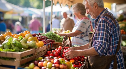 couples buying produce at an open air farmer's market