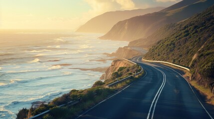  a view of a road next to a body of water with a cliff in the background and a body of water on the other side of the road and a cliff on the other side of the road.