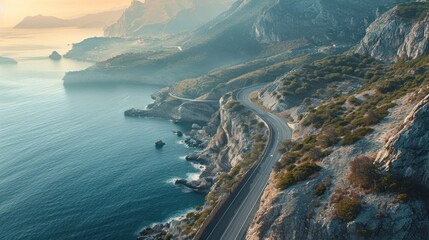  an aerial view of a road on the side of a mountain next to a body of water with a boat in the middle of the road on the side of the road. - obrazy, fototapety, plakaty