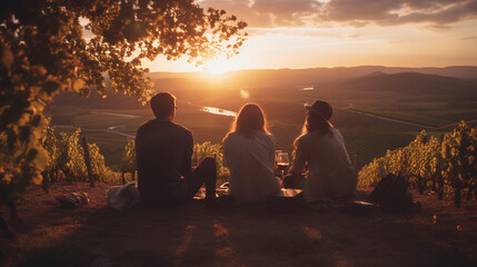 Friendship Glow: Sunset Toasting at the Vineyard, Generative AI - Powered by Adobe