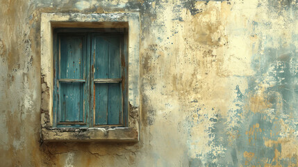  an old building with a blue window and peeling paint on the outside of the building and the inside of the building has peeling paint on the outside of the windows.