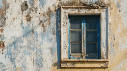  a window on the side of a run down building with peeling paint and peeling paint on the outside of the window and the inside of the building with peeling paint on the outside.