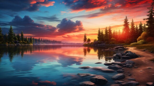 Serene lake at sunset with vibrant skies and trees. Nature and tranquility.