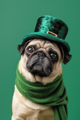 happy st patrick's day, funny cute pug dog wearing leprechaun green hat on a green background. march 17