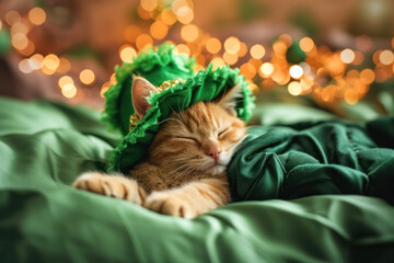 cute cat in a green hat and suit, sleeping on a green blanket at home, celebrating St. Patrick's Day. St. Patrick's Day card with green background