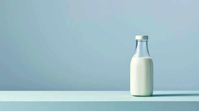 a bottle of milk sitting on a table with a blue wall in the background and a light blue wall in the middle of the room to the right of the bottle.