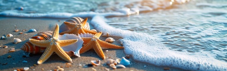 Fototapeta na wymiar Shells & Starfish Find Harmony
