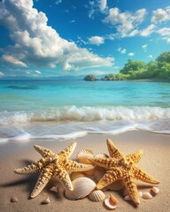 Fototapeta na wymiar Joyful Starfish Play Along Sunlit Shore