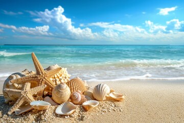 Fototapeta na wymiar Mesmerizing Starfish & Seashells Adorn Beach