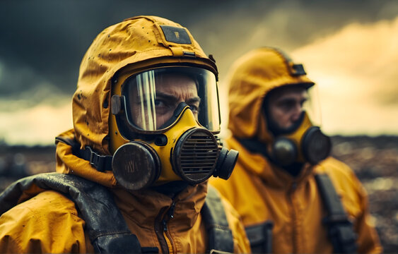 Men in protective suits observing a radioactive environment, generative AI