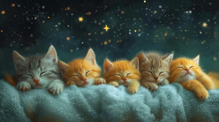 Cute little kittens sleeping on a soft woolen blanket. Christmas background. Generative AI