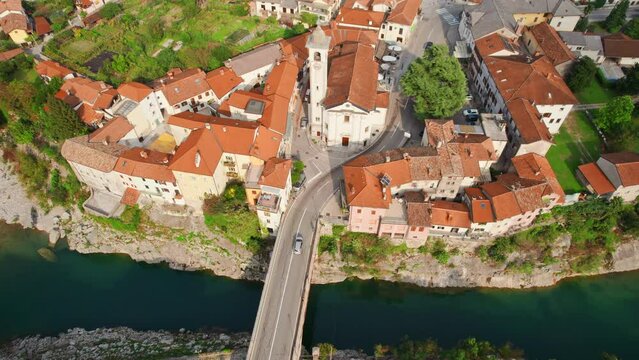 Aerial view of the Kanal ob Soci town in Slovenia.