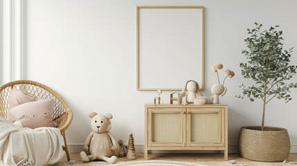 Mock up frame in children room with natural wooden furniture, Generative Ai - obrazy, fototapety, plakaty