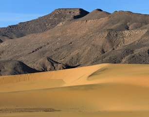 Fototapeta na wymiar DESERT LANDSCAPE IN THE SAHARA DESERT IN ALGERIA WITH SAND DUNES AND SAND PATTERNS. 