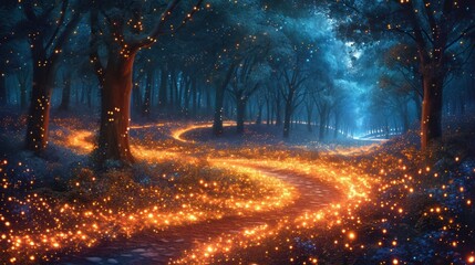 Fantasy forest road in a foggy night. 3D rendering Generative AI