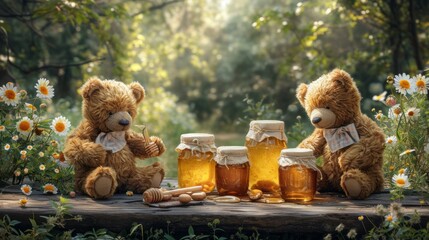 Honey in jars and teddy bears on a wooden table in the garden Generative AI
