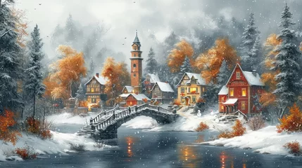 Foto auf Alu-Dibond Beautiful winter landscape with wooden houses in the village. Digital painting. Generative AI © Alex