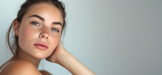 Close Portrait of a Natural Beauty. Serene Young Woman with Freckles