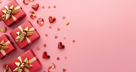 Top view, illustration of red gifts with golden bows and ribbons on the left, placed on a pink background with valentine hearts, with lots of copy space. AI generated