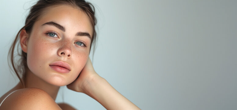 Close Portrait of a Natural Beauty. Serene Young Woman with Freckles
