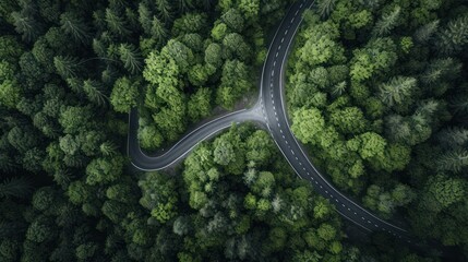  an aerial view of a road in the middle of a forest with a curve in the middle of the road and trees on both sides of the road, from above.