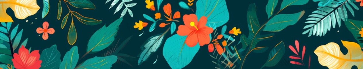 Tropical Pattern on Black with Leaves and Flowers - obrazy, fototapety, plakaty