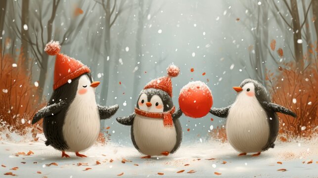 Cute penguins in winter forest with falling snow. 3d rendering Generative AI