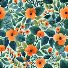 Orange Floral Pattern on White with Green Leaves