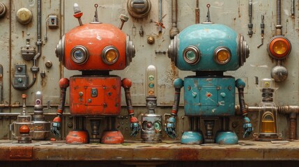 Vintage robot toys on the background of an old rusty metal box Generative AI