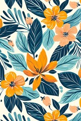 Blue and Yellow Flower Pattern on White Background