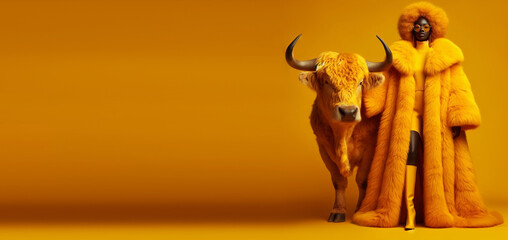 African woman in a yellow fur coat and a bull.