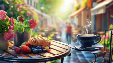  a cup of coffee sitting on top of a wooden table next to a plate of fruit and a bundt cake on a table next to a pot of flowers. - obrazy, fototapety, plakaty